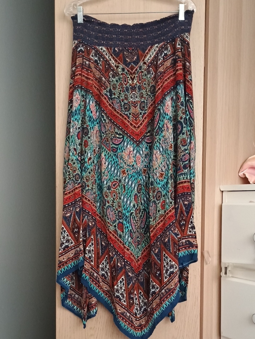 Bohemian High-Low Maxi Skirt in Teal & Rust